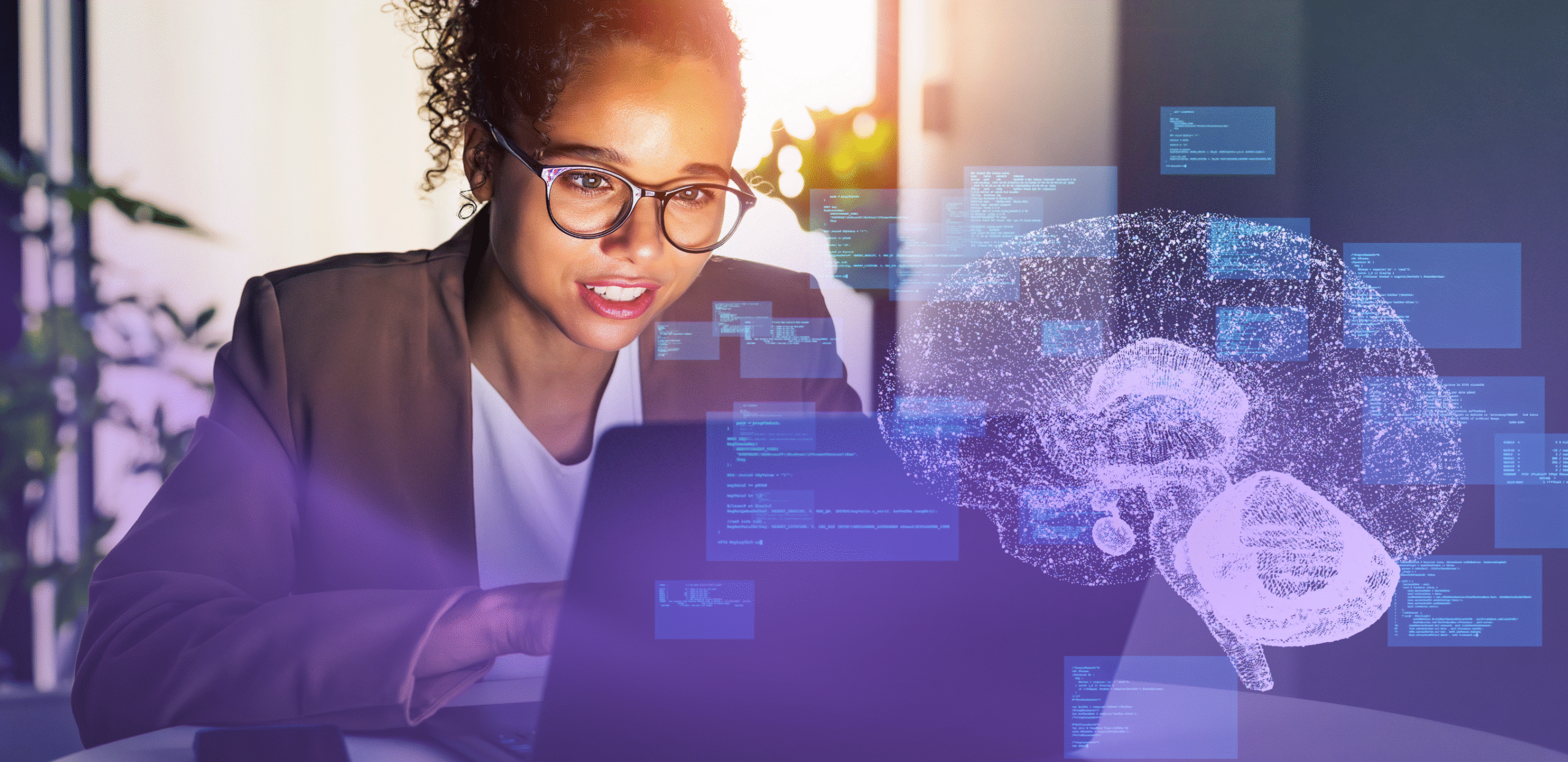 A woman wearing glasses works on a laptop with digital graphics of a brain and floating code snippets representing artificial intelligence and machine learning concepts.
